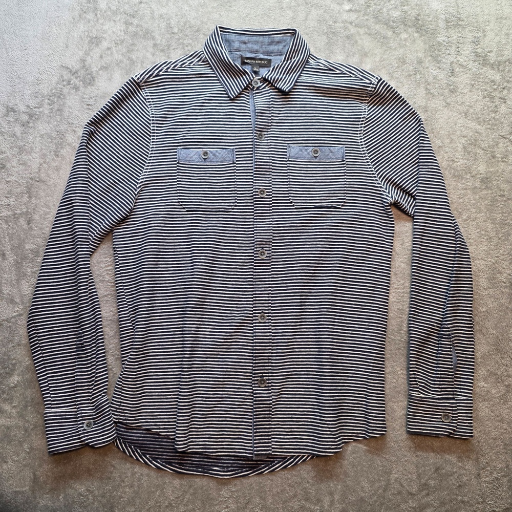 Banana Republic Button Up Shirt Mens L Blue Stripe Jersey Long Sleeve Casual